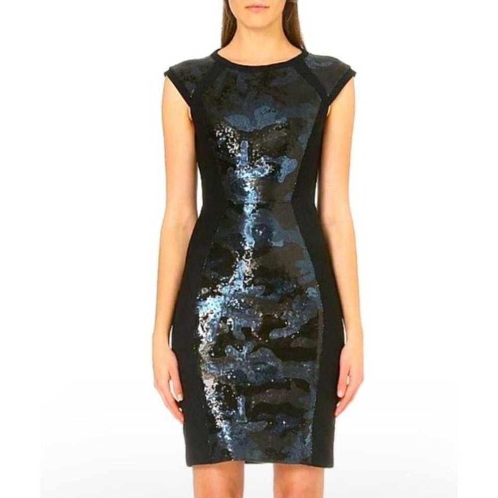 Ted Baker Sequin Camo Sheath Dress Womens Size 0 Black Blue Excellent Cap Sleeve